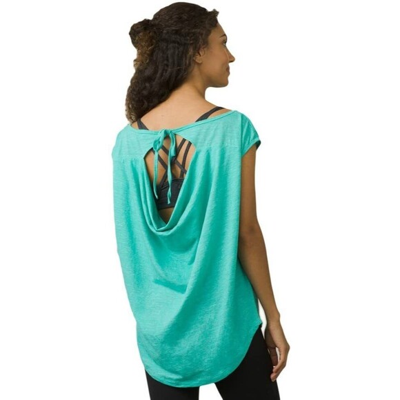 New Womens PrAna NWT XS Constance Top Aqua Tee Shirt Organic Recycled Back Cowl - Picture 1 of 5